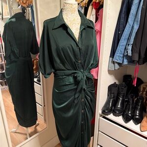 Satin Green Button-Down Dress